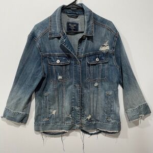 Abercrombie Fitch‎ Distressed Denim Jacket Women's Size L Blue Jean Ripped